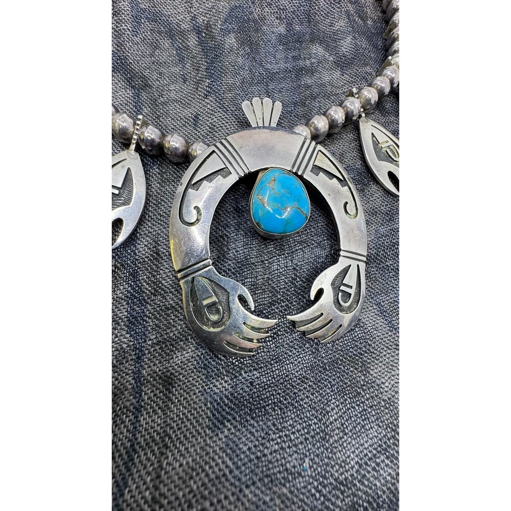 Vintage Silver & Turquoise Hand Squash Blossom Necklace - Picture 3 of 6
